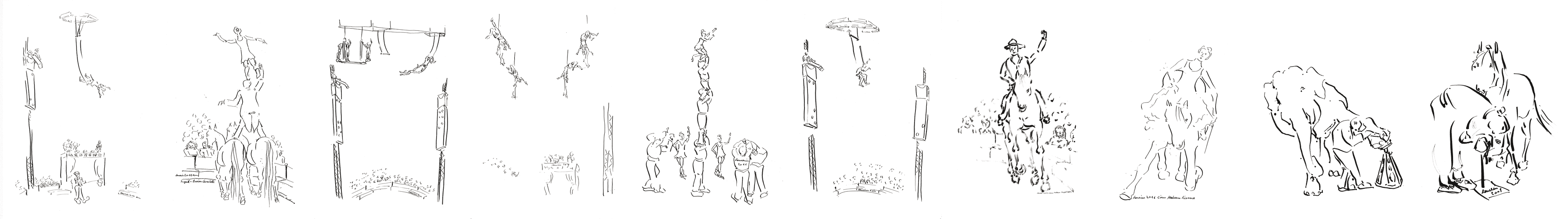  Leporello von Zeichnungen aus der Zirkuswelt